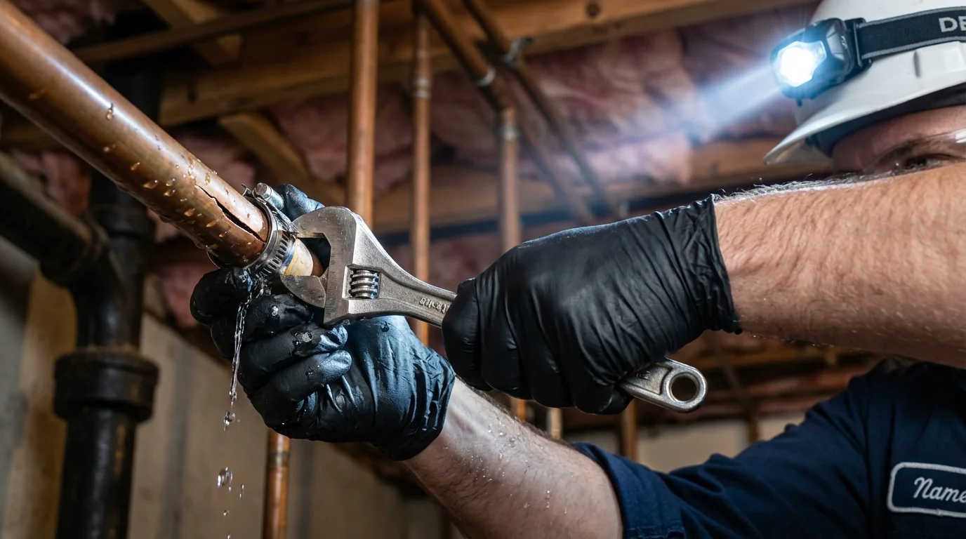 Emergency pipe clamp repair being performed by a Johns Plumbing LLC plumber in Moultrie