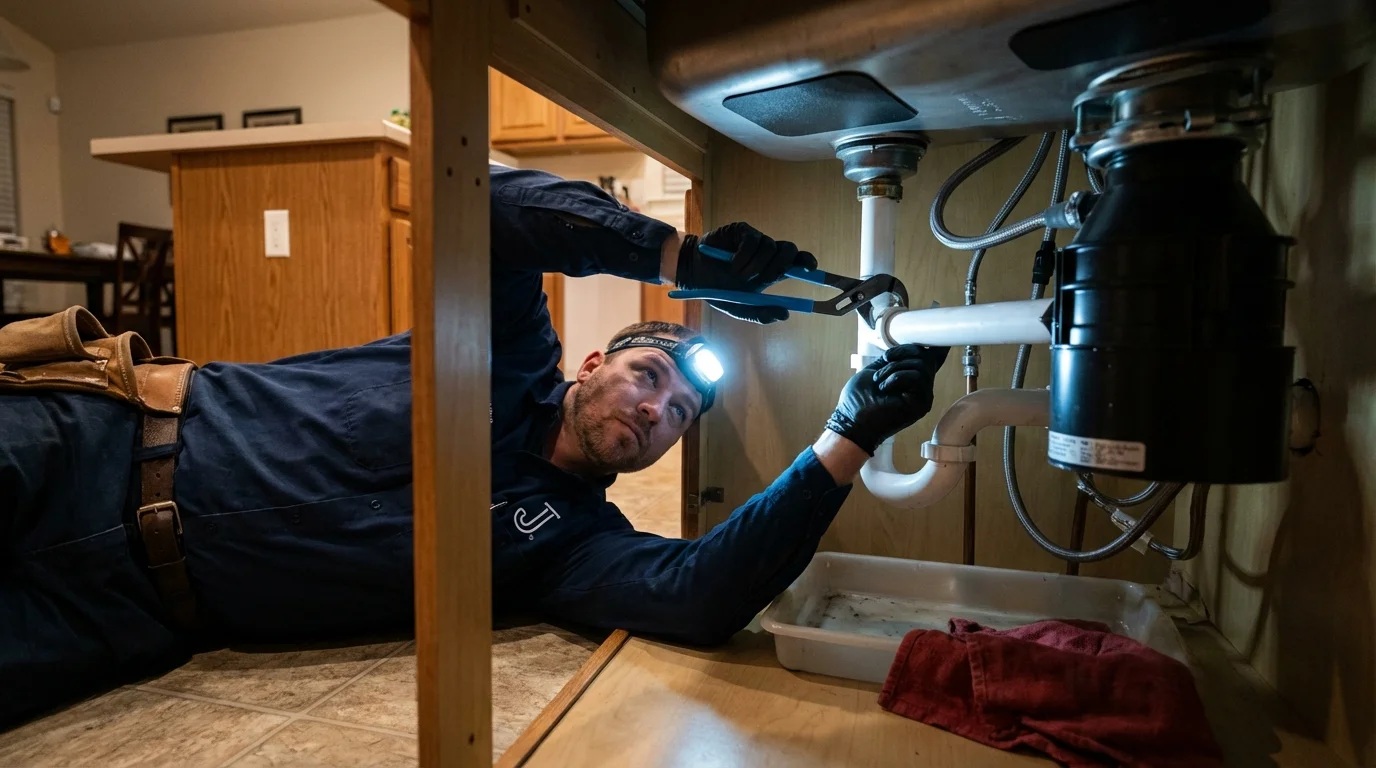 P-trap and supply line connections under a kitchen sink showing a common leak point in Moultrie, GA